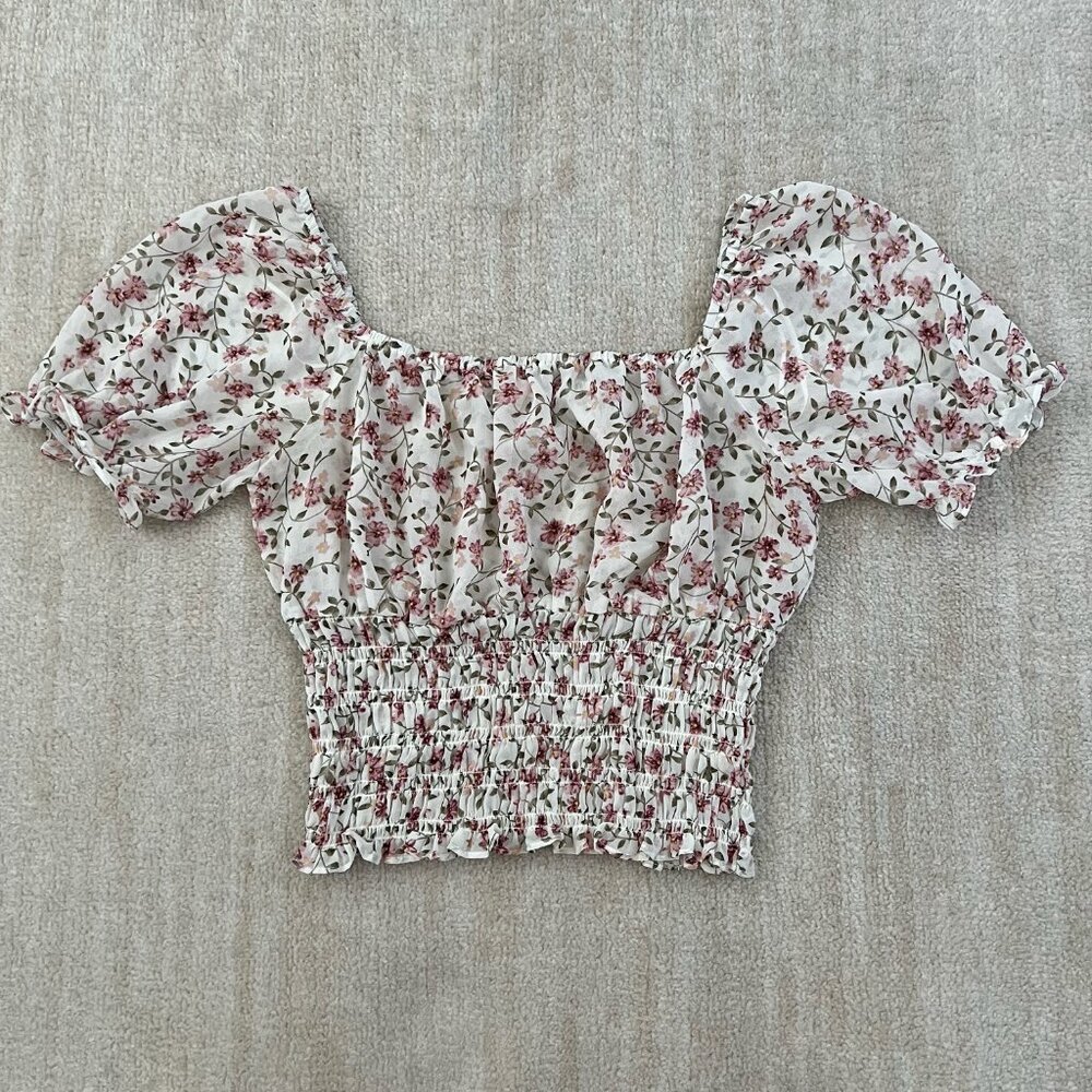 Rabbit Rose Boho Summer Floral Sheer Smocked Blouse Crop Top L